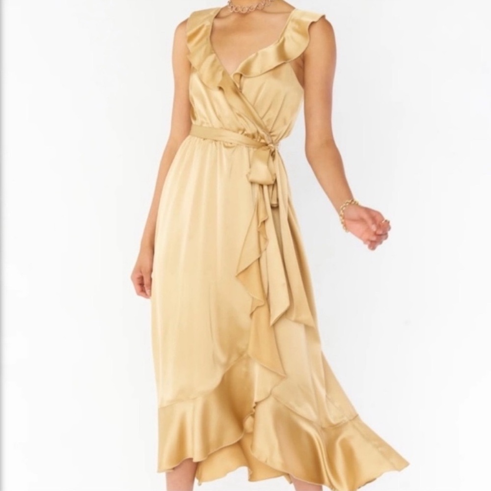 Show Me Your MuMu | Samantha Ruffle Wrap Satin Dress in Gold | NWT